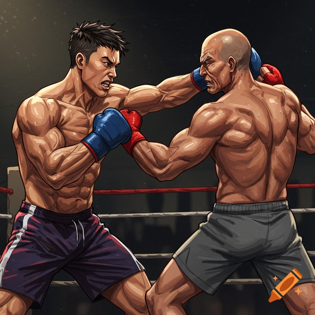 Two muscular boxers fighting in a ring.