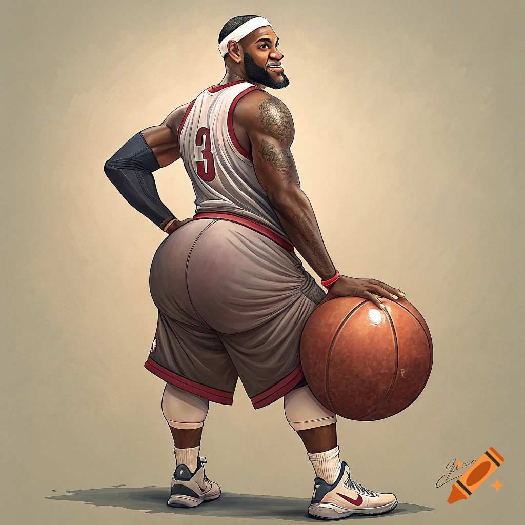 Cartoon illustration of LeBron James holding a basketball, seen from the back with an exaggerated butt.