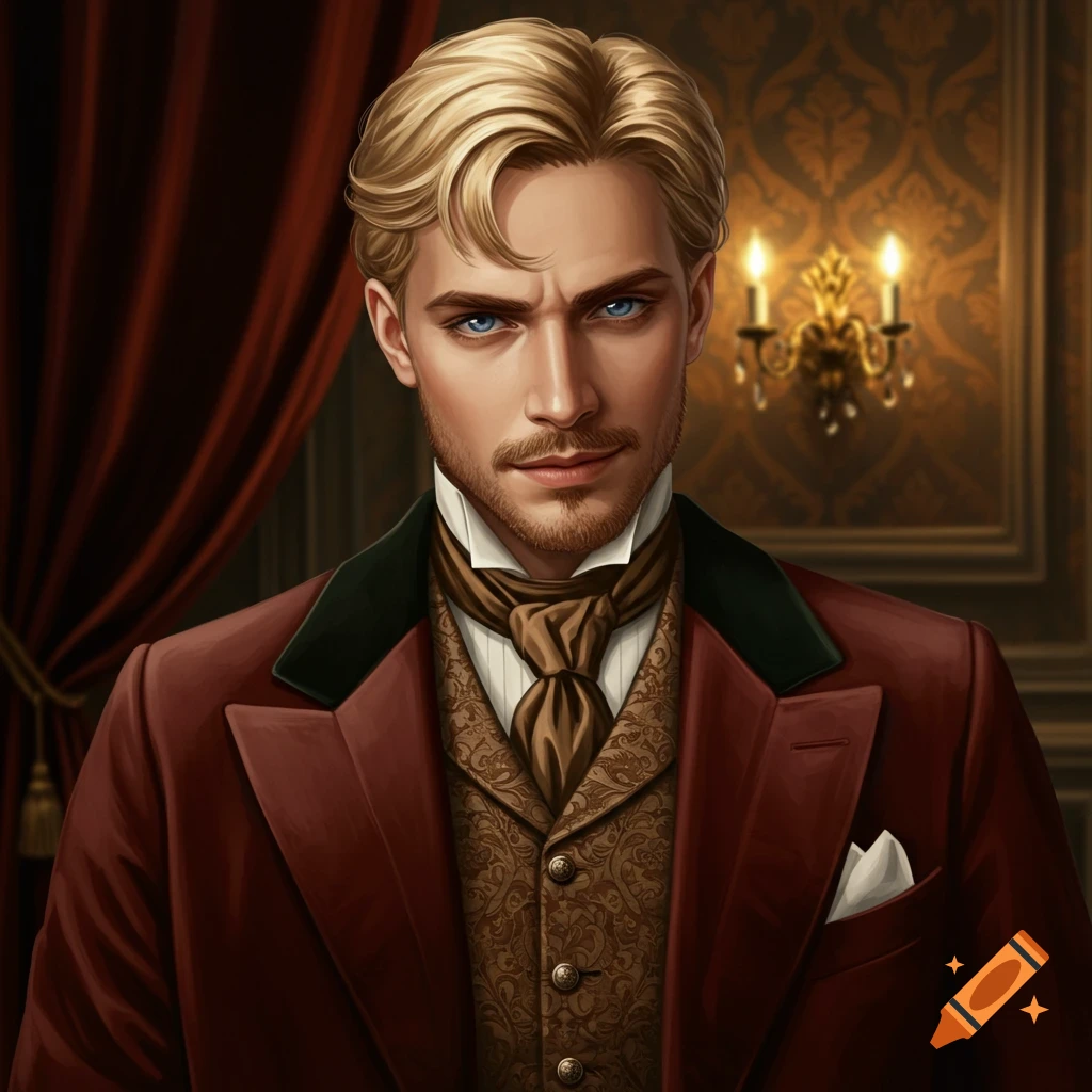 Portrait of a blonde man in Victorian clothing: red jacket, patterned vest, and cravat, against a dark background.