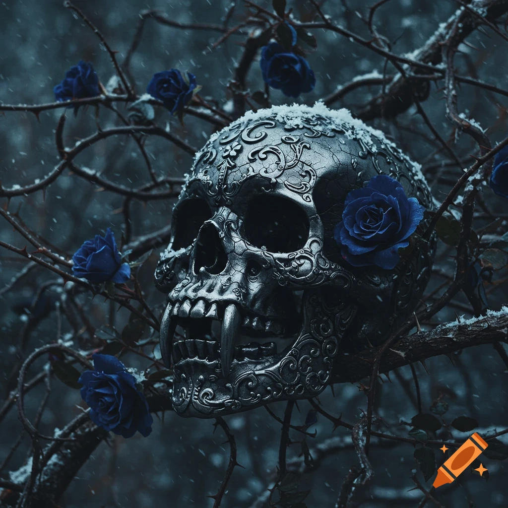 Detailed silver skull with fangs and blue roses on snowy, thorny branches.