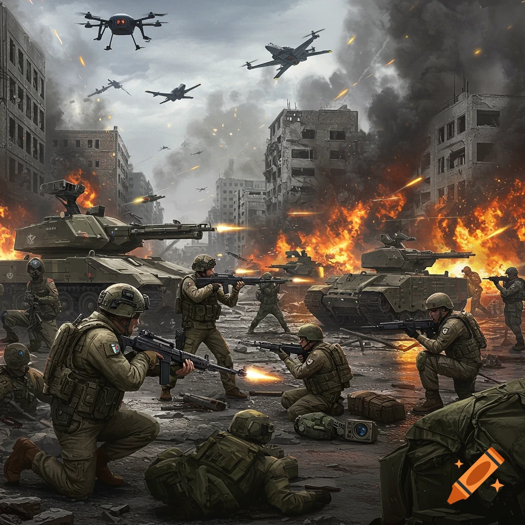 A scene of soldiers and tanks engaged in combat within the ruins of a city.