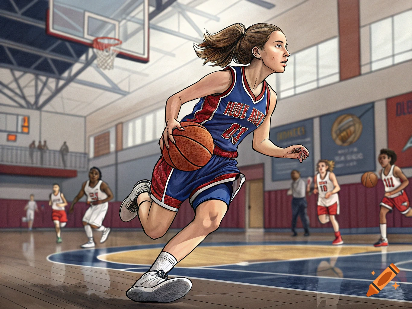 A young female basketball player dribbling the ball during a game in a school gym, in a stylized illustration.