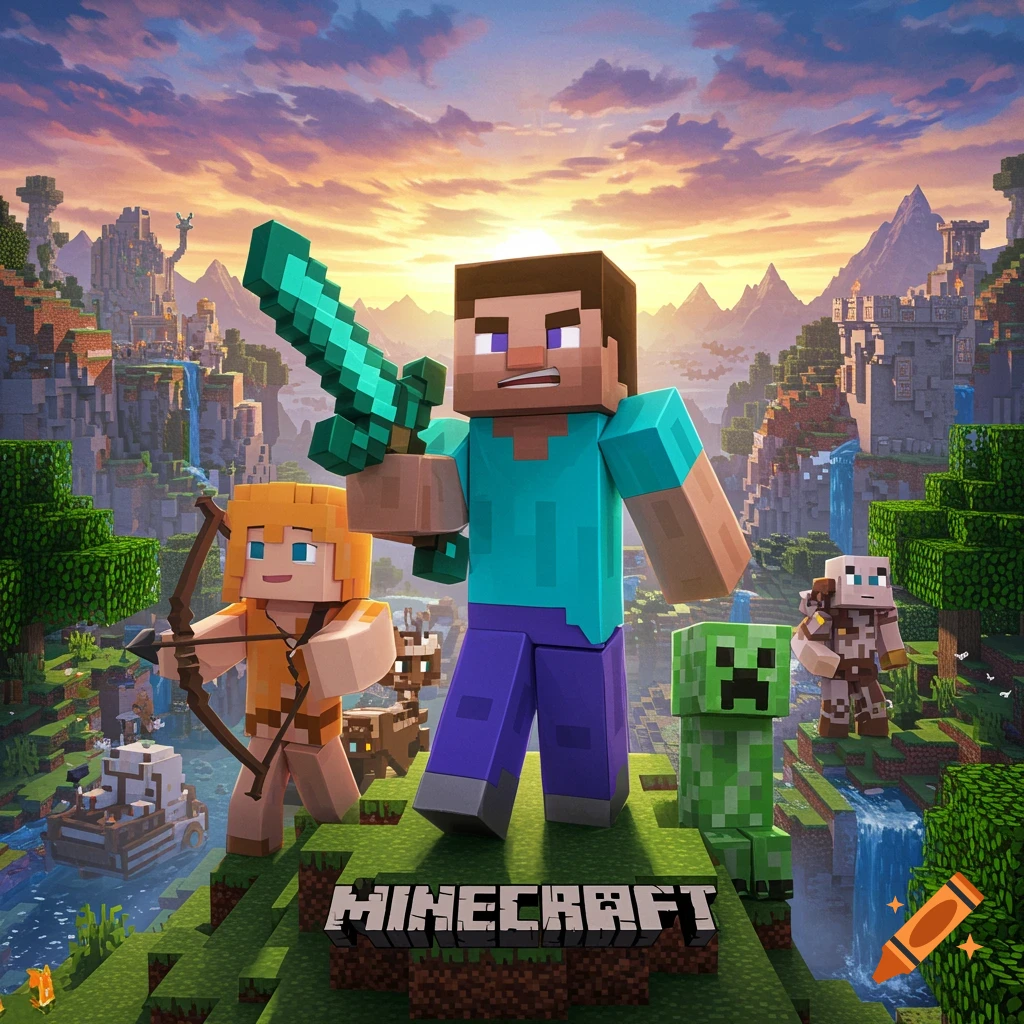 Steve and Alex stand with a sword and bow in a Minecraft world sunset landscape with a Creeper and Zombie Villager, cinematic poster style.