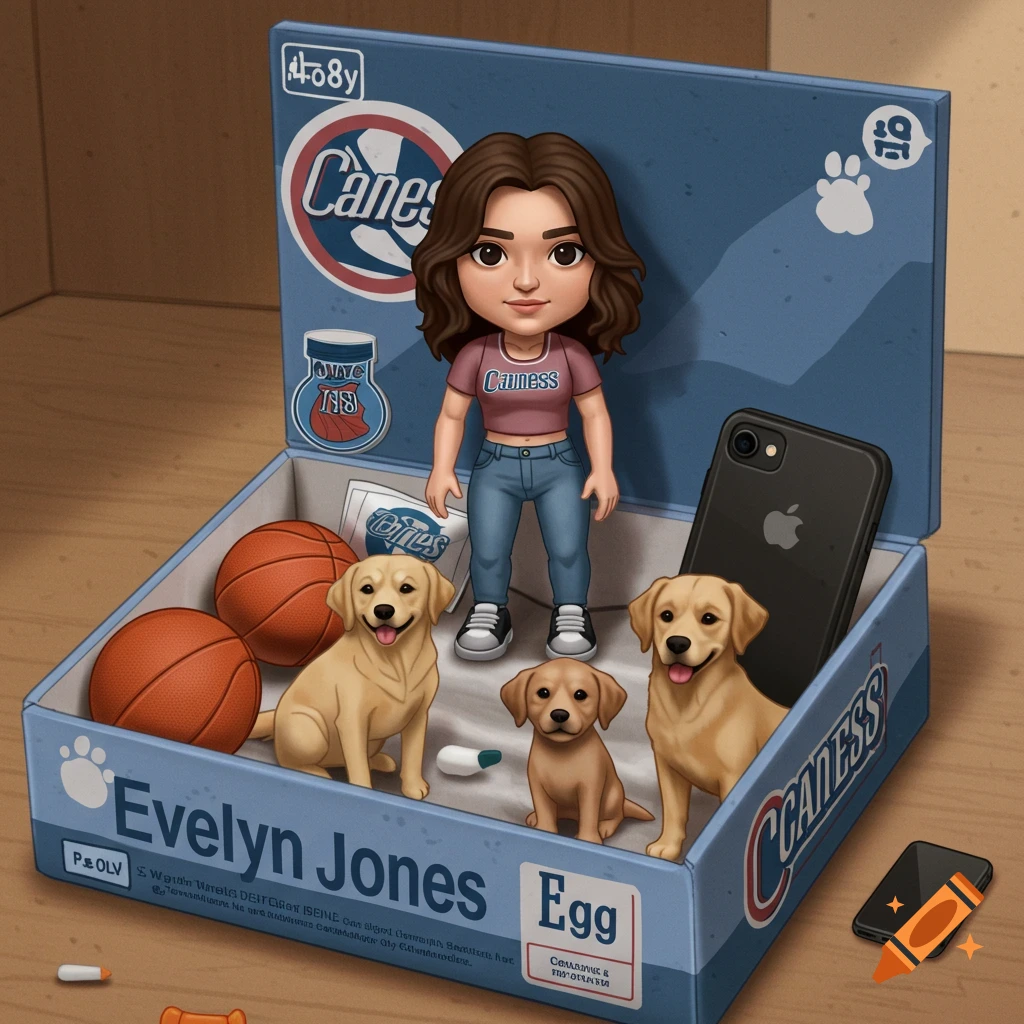 A cartoon action figure of a person in a toy box with golden retriever puppies, basketballs, and a phone.