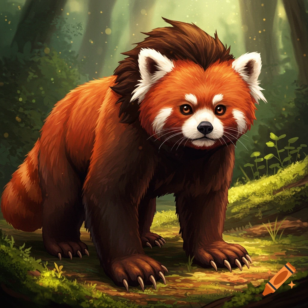 A red panda and bear hybrid with claws stands in a forest.