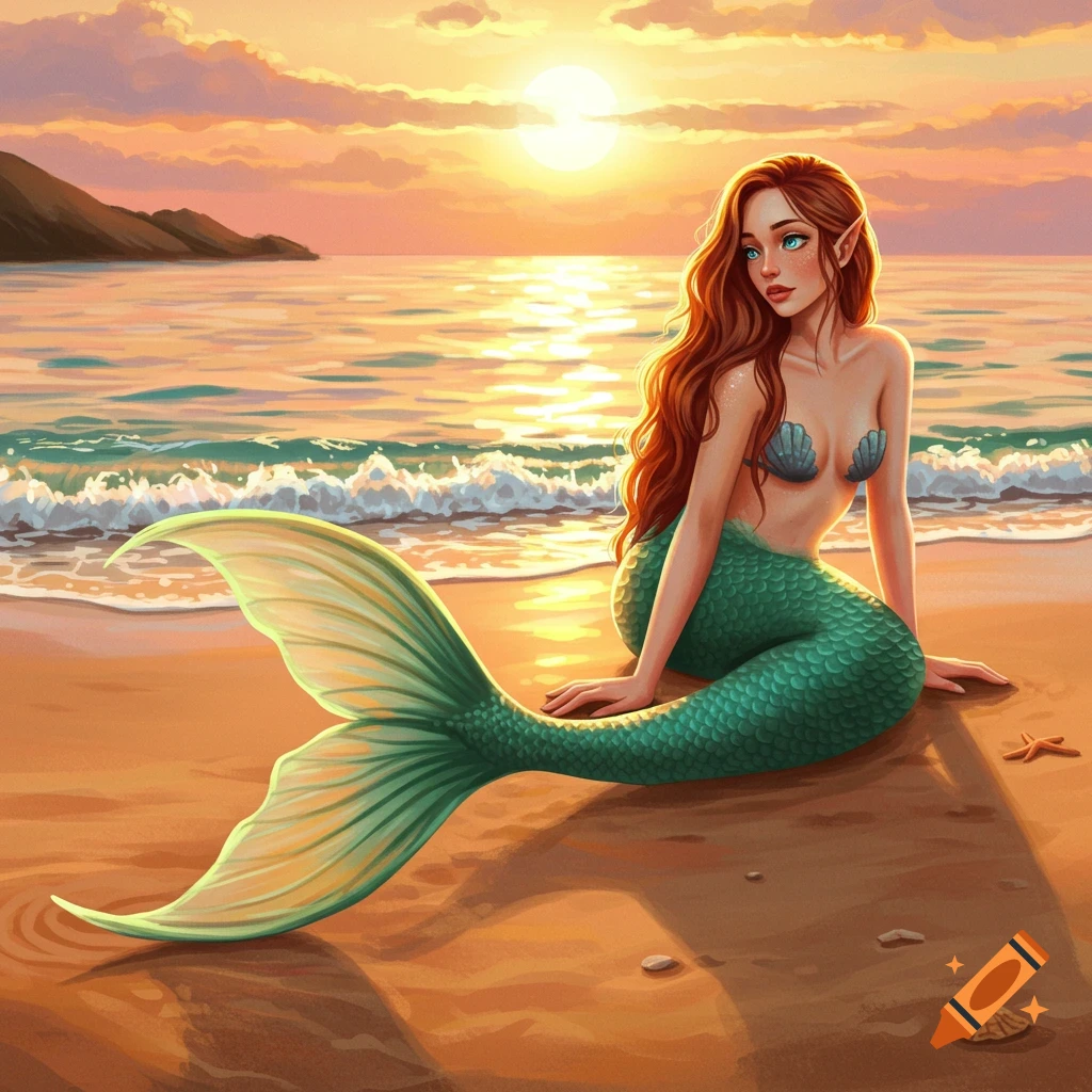 A mermaid sitting on a beach at sunset.