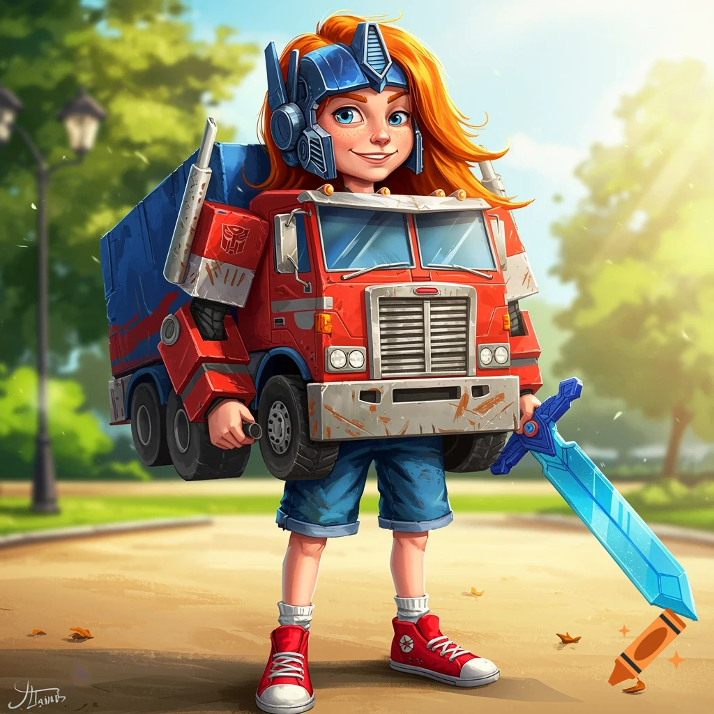 A child in a makeshift Optimus Prime costume holding a blue sword in a sunny park.