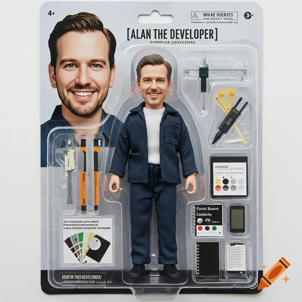 An action figure of a man in a blister pack labeled "Alan the Developer" with various miniature accessories.