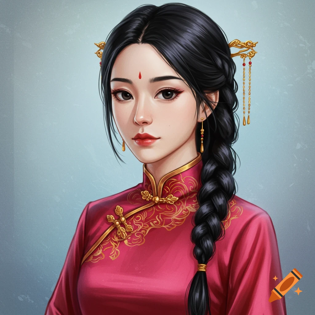 a beautiful Asian woman in a pink traditional-style dress with gold trim, dark braided hair, and gold hairpin