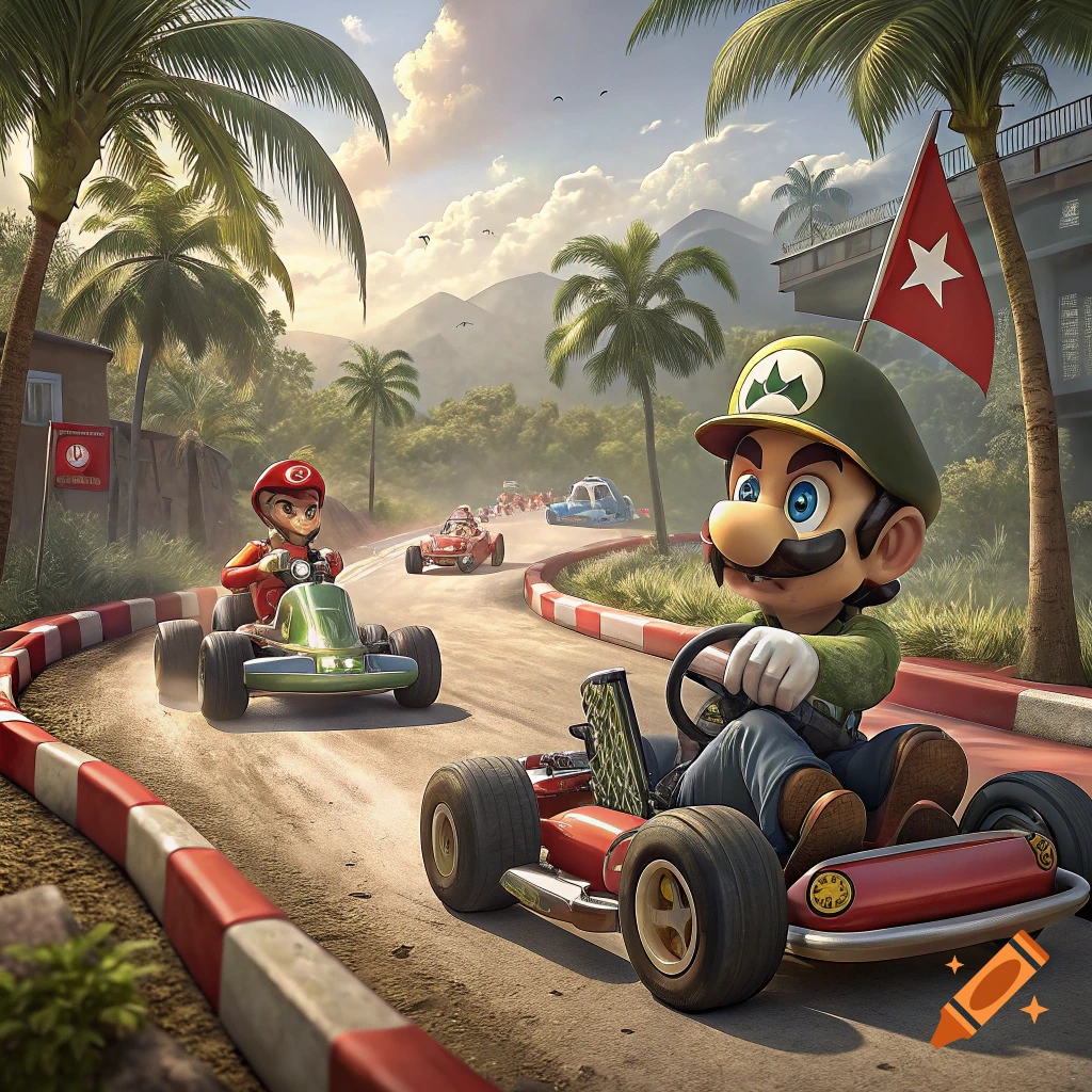 Cartoon style racing game scene with characters resembling Luigi and Mario in karts on a tropical track.