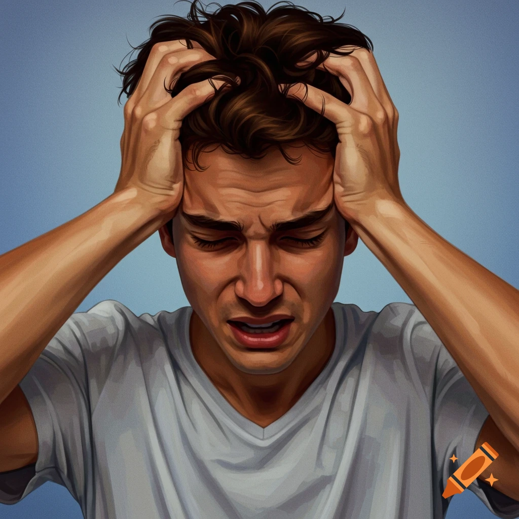 A man is grabbing his head in distress against a blue background.