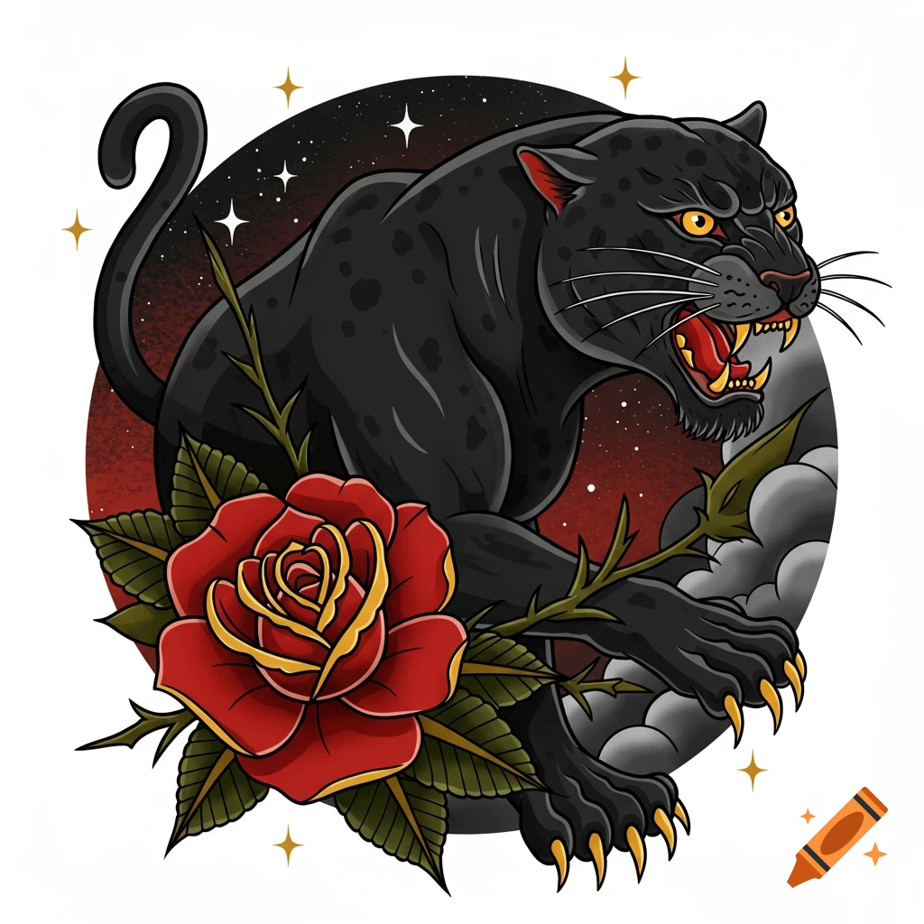 American traditional tattoo style of a black panther with a red rose.