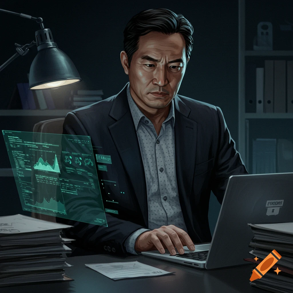 A man is working at a computer with holographic screens in a dark office.