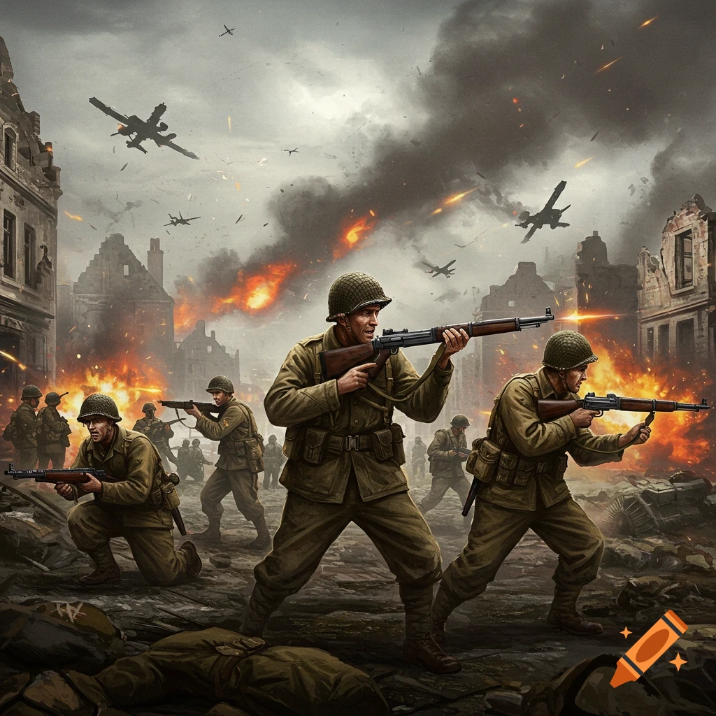 Soldiers fight in a destroyed city with explosions and aircraft overhead.