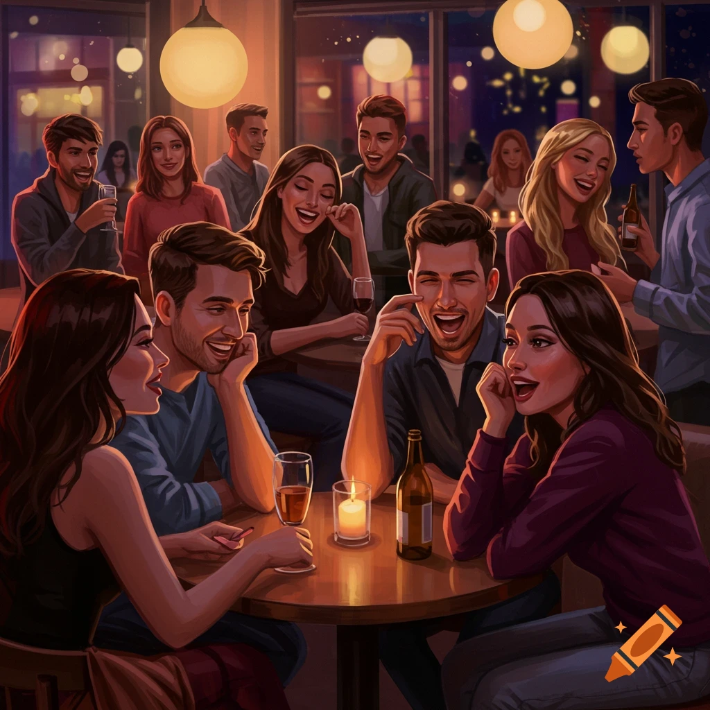 A group of diverse people socializing and laughing at tables in a dimly lit bar or restaurant.