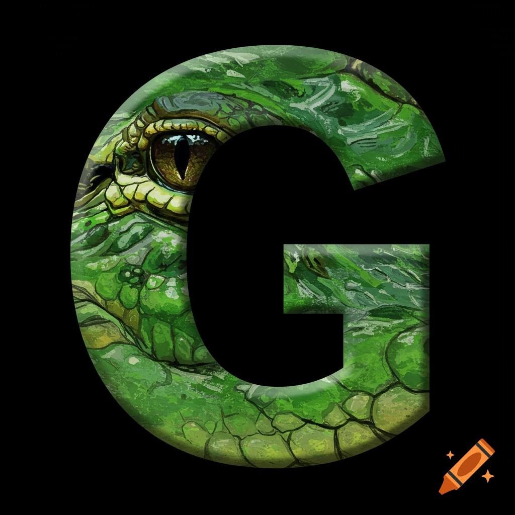 The letter G is stylized as an alligator eye and skin on a black background.