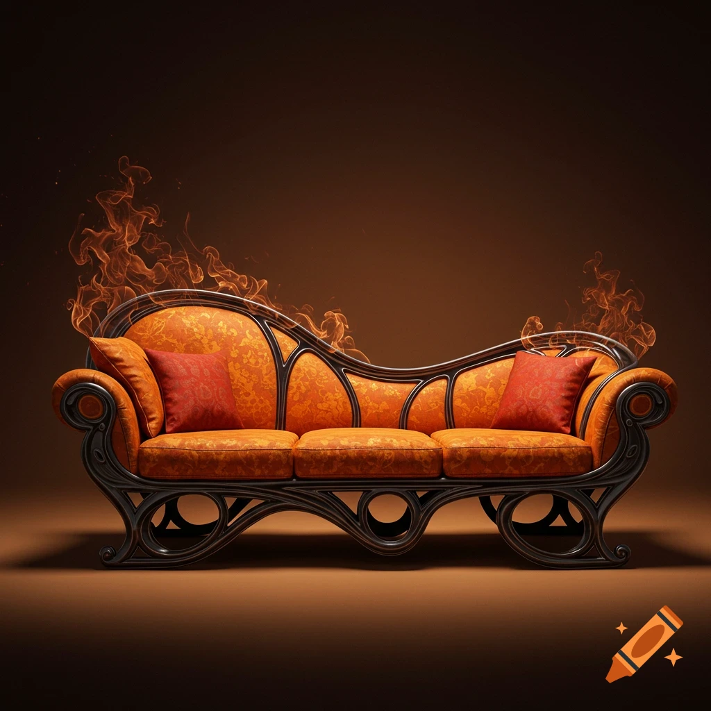 A unique orange sofa, inspired by a fire temple, with flames around it.