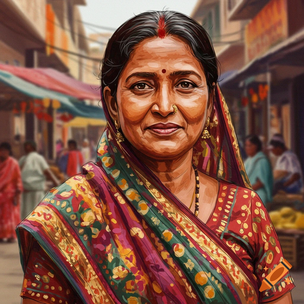 A woman in a colorful saree standing in a marketplace