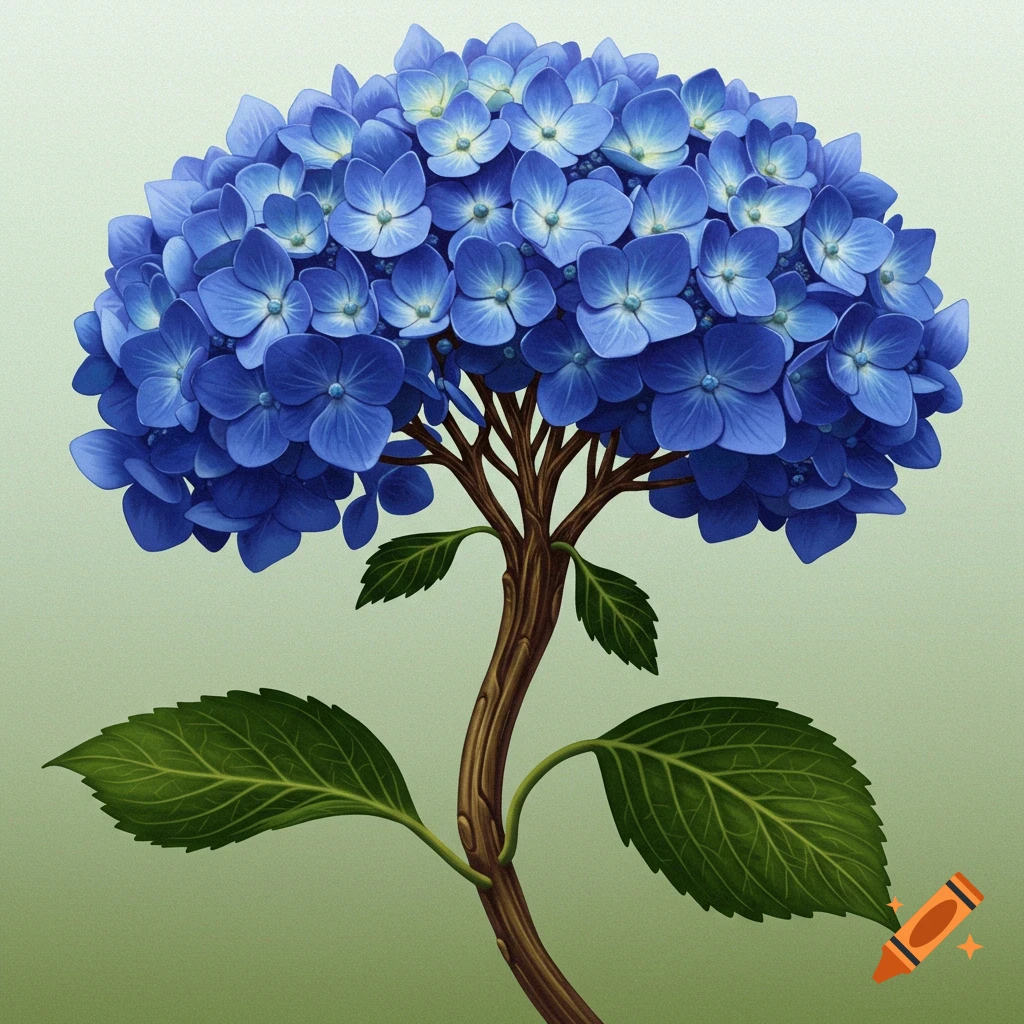 A blue hydrangea flower with a thick, woody stem and large green leaves against a soft green background.