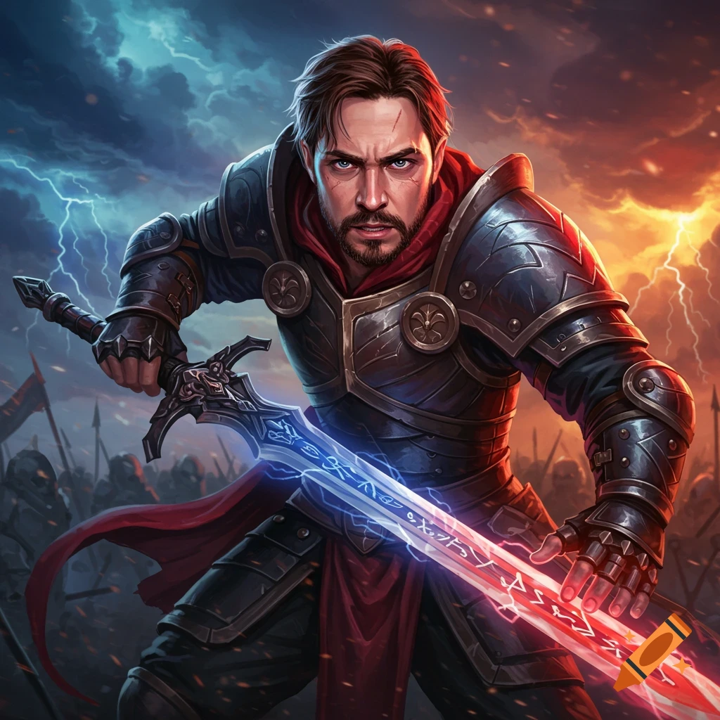 A fantasy warrior in dark armor holds a glowing rune sword on a battlefield under a stormy sky.