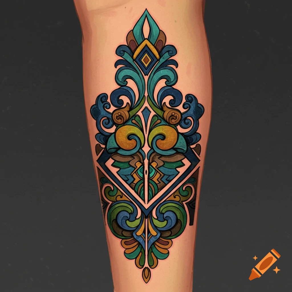 A colorful, ornate tattoo design is visible on a leg.