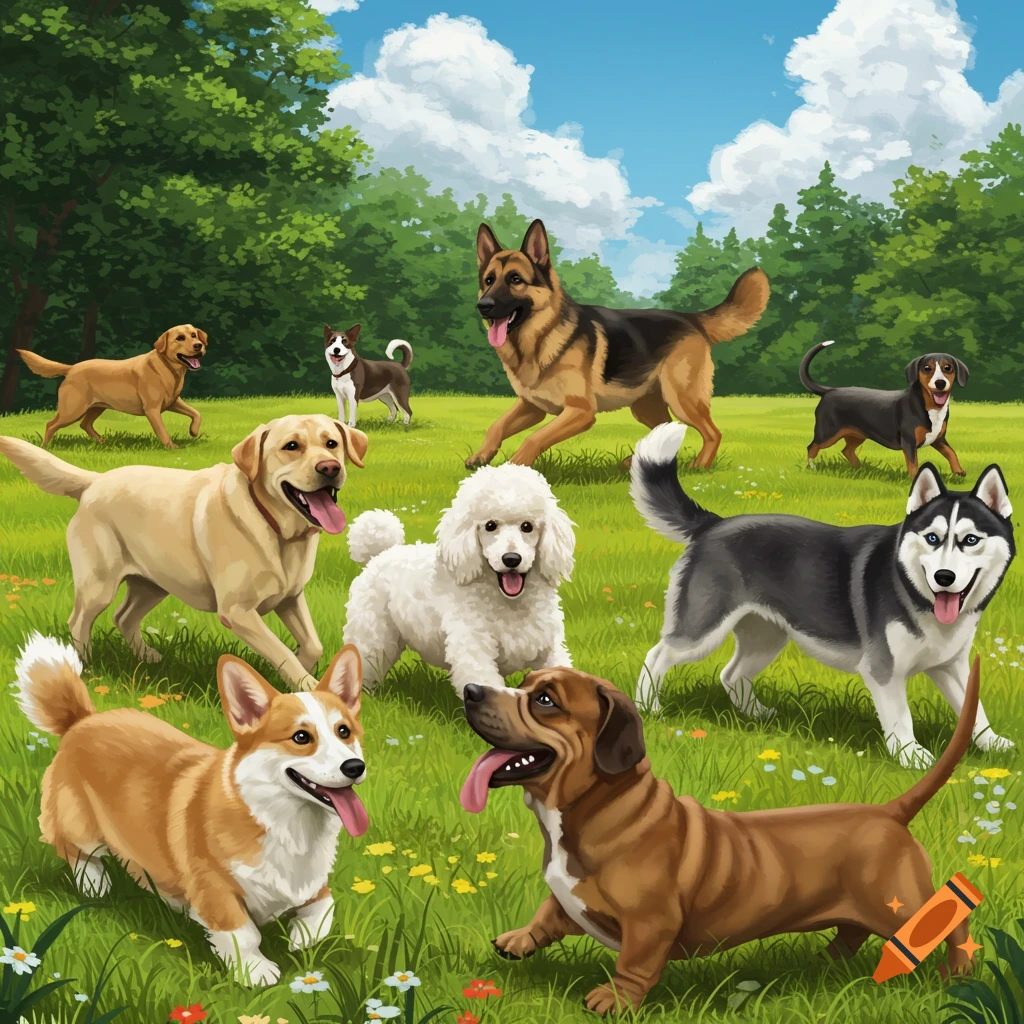Various dog breeds playing in a sunny grassy field.