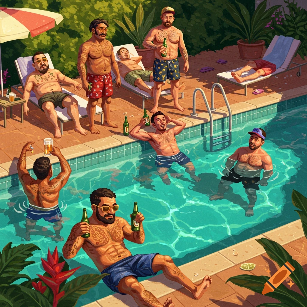 Men drinking beer at a pool party