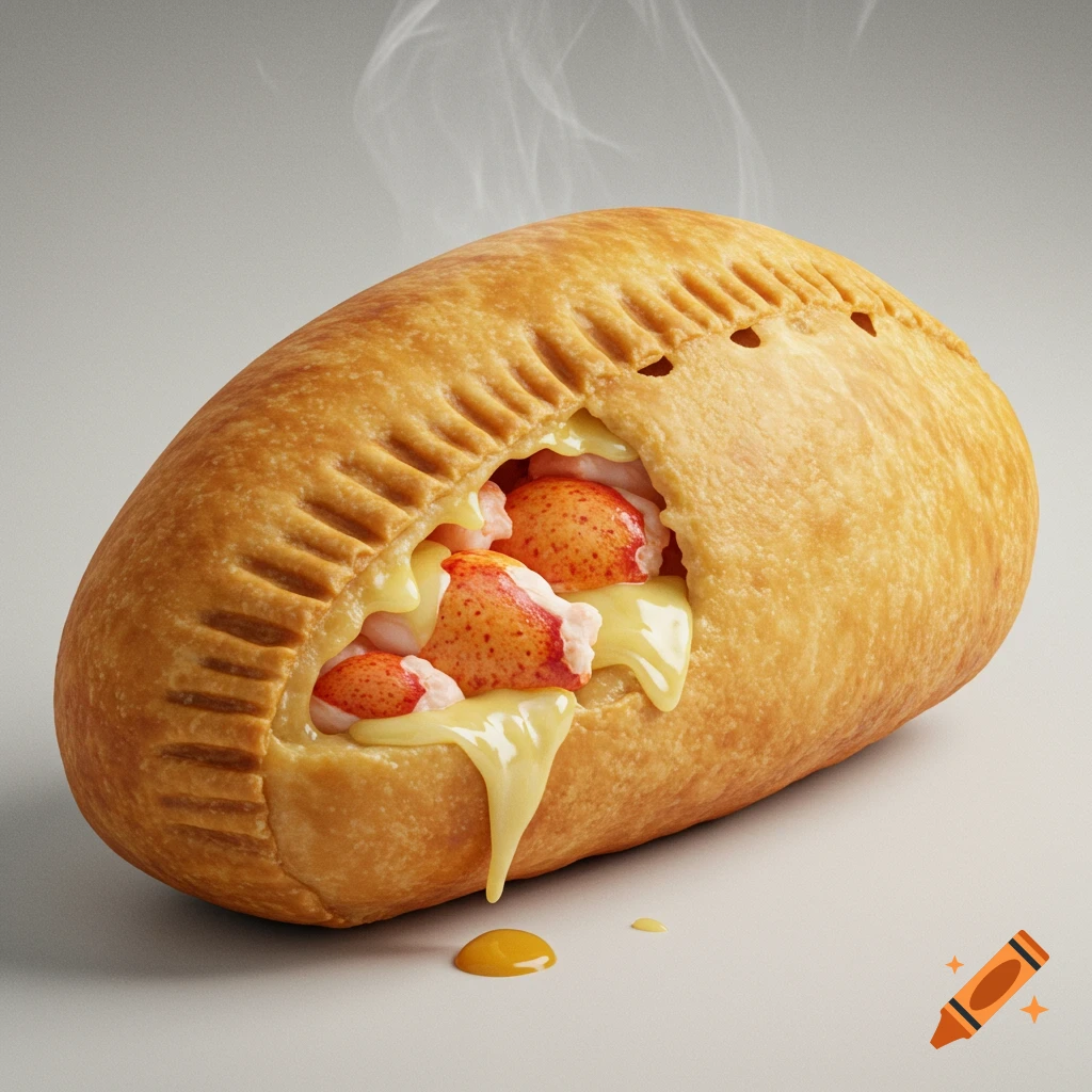 Photorealistic image of a steaming lobster hot pocket with cheese sauce oozing out.