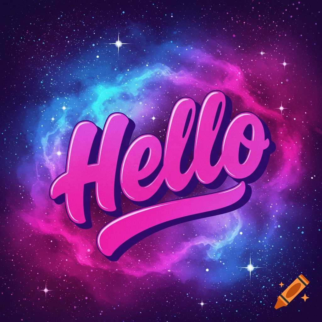 A stylized pink word "Hello" against a purple and blue space background with stars.