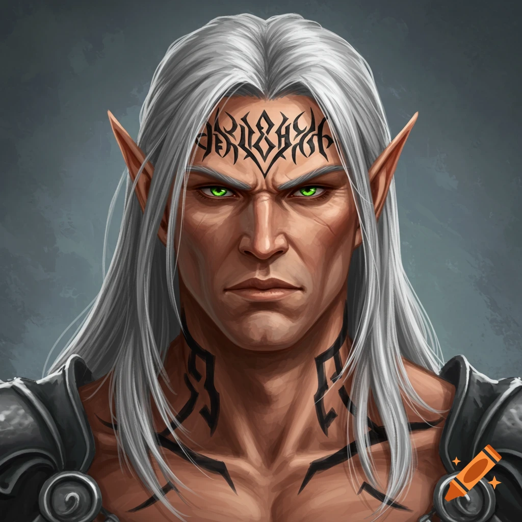 A male elf warrior with silver hair, green eyes, and tribal tattoos on his forehead and neck.