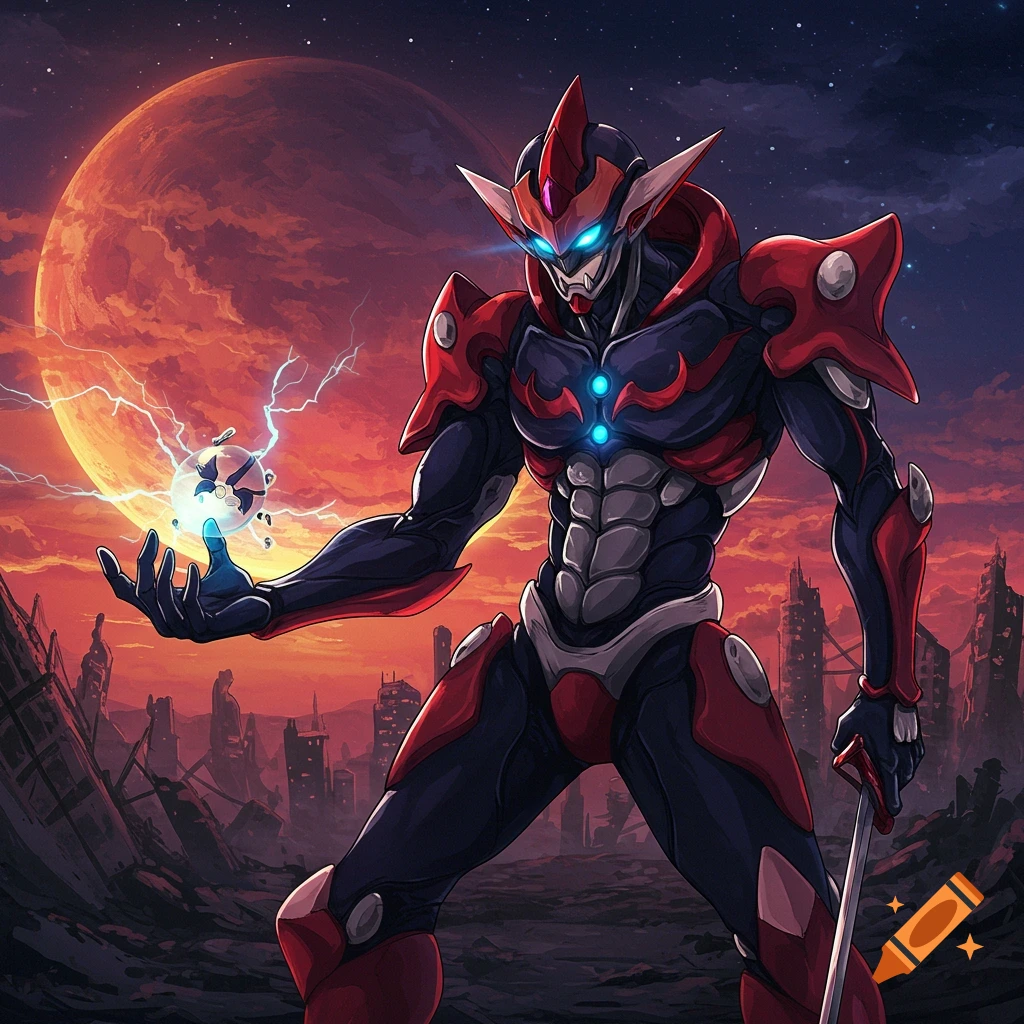 Anime style image of a red and black mecha holding a glowing energy sphere in a destroyed city under a large red moon.
