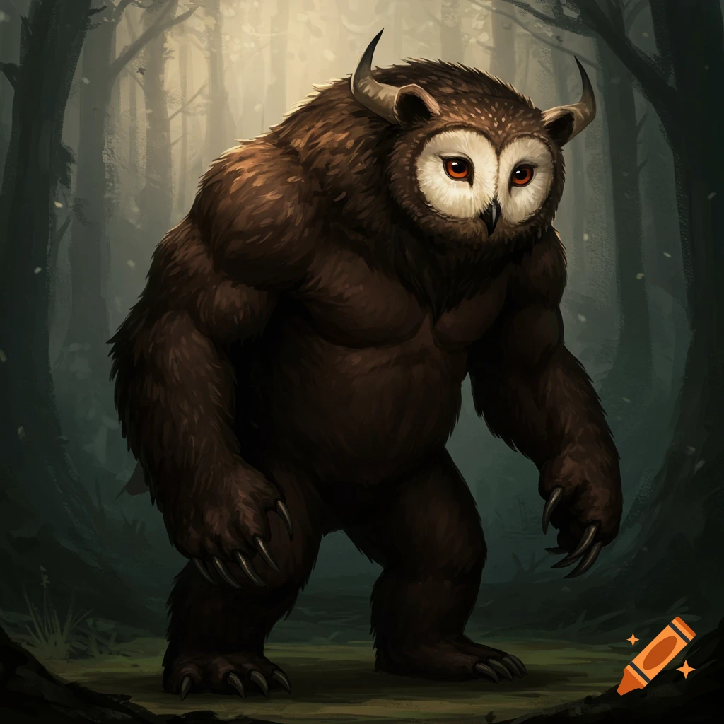 A creature, a hybrid of an owl, bear, and minotaur, stands in a forest.