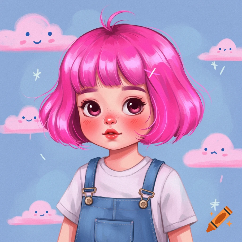 A digital illustration of a cartoon girl with bright pink hair and overalls, surrounded by pink smiling clouds.