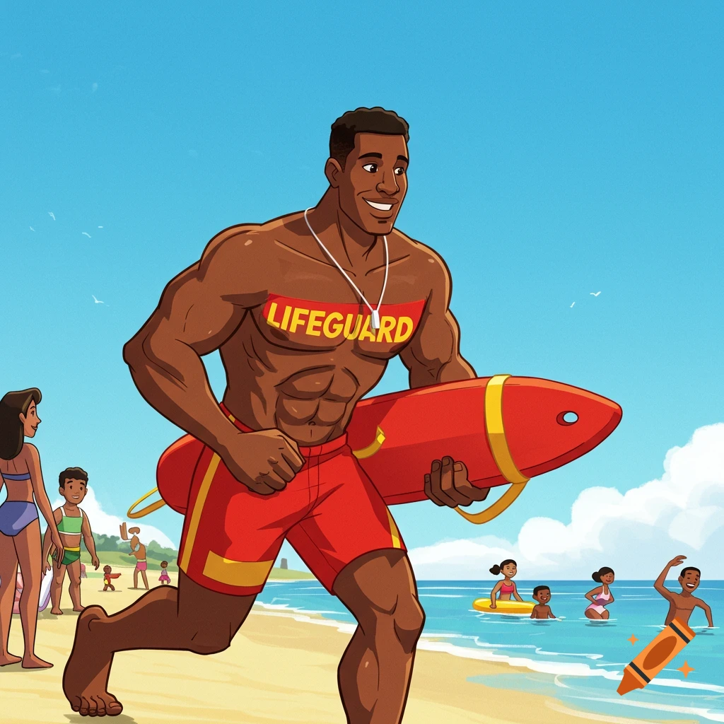 Animated lifeguard running on a beach with a red float