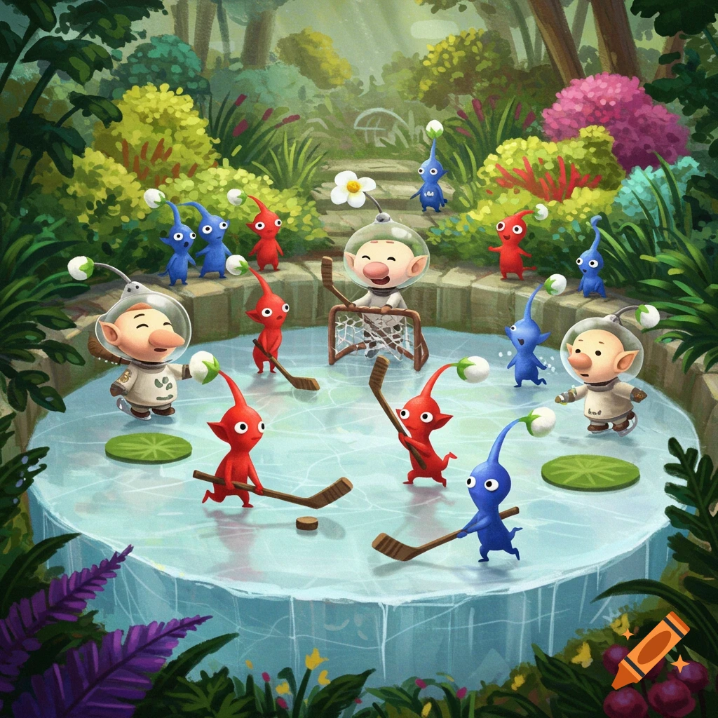 Pikmin characters and captains playing hockey on a patch of ice in a vibrant garden.