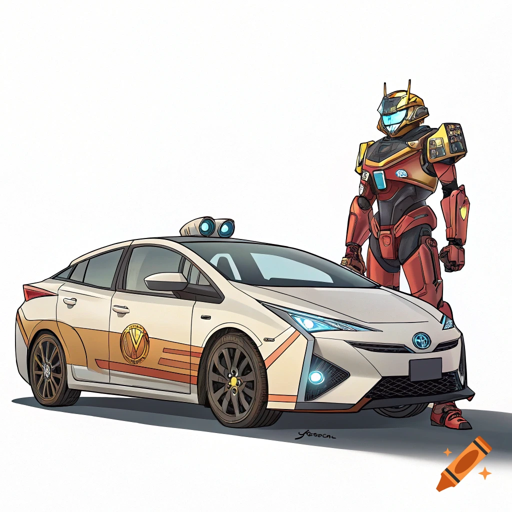 Cartoon illustration of a red and gold robot standing next to a beige sedan with orange accents.