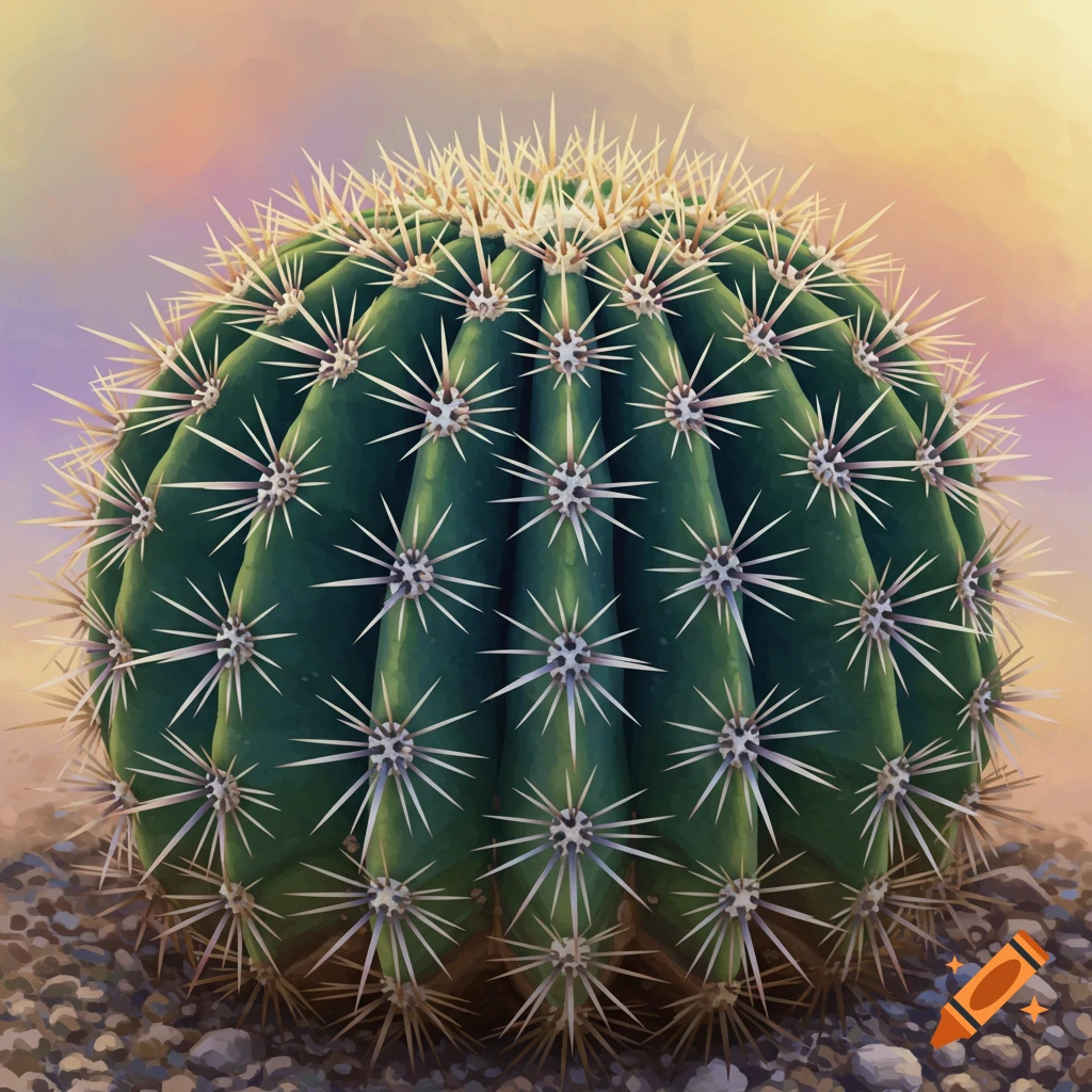 A round cactus sits on pebbles against a blurry sky.