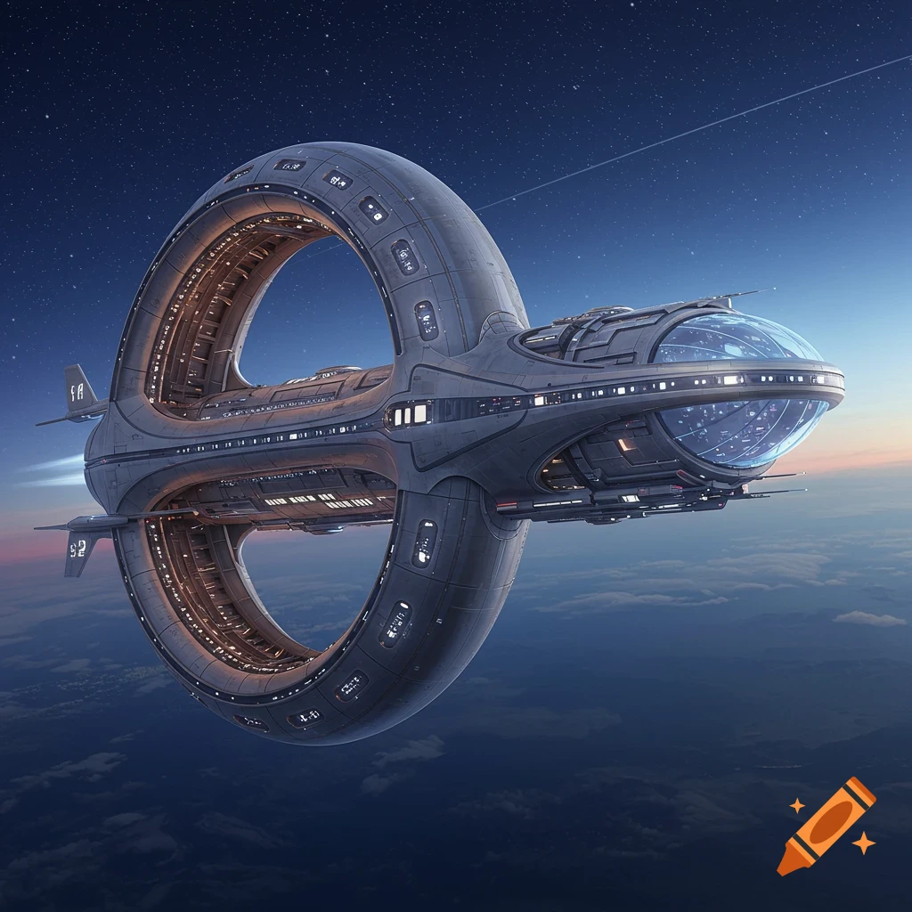 Futuristic circular spaceship with portholes flying through atmosphere.
