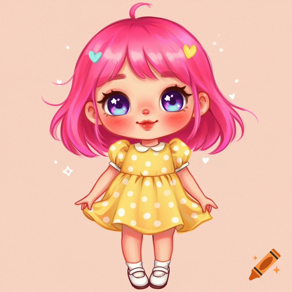 A cute cartoon girl with pink hair and a yellow polka dot dress.
