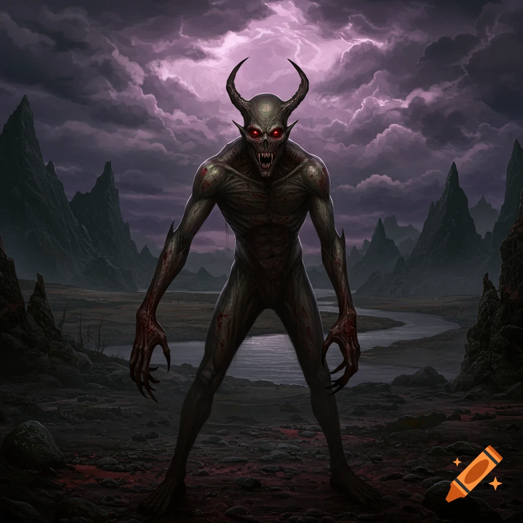 A demonic creature in a stormy landscape