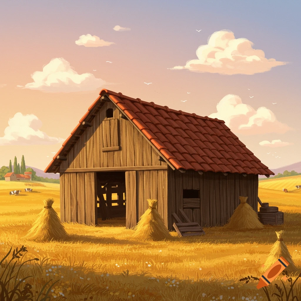 A rustic wooden barn in a golden field with hay bales under a bright sky.