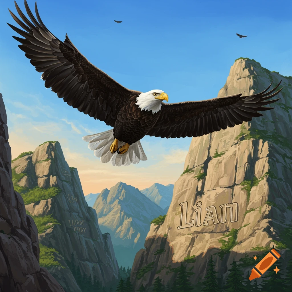 A majestic bald eagle soars above rugged mountains against a clear sky.
