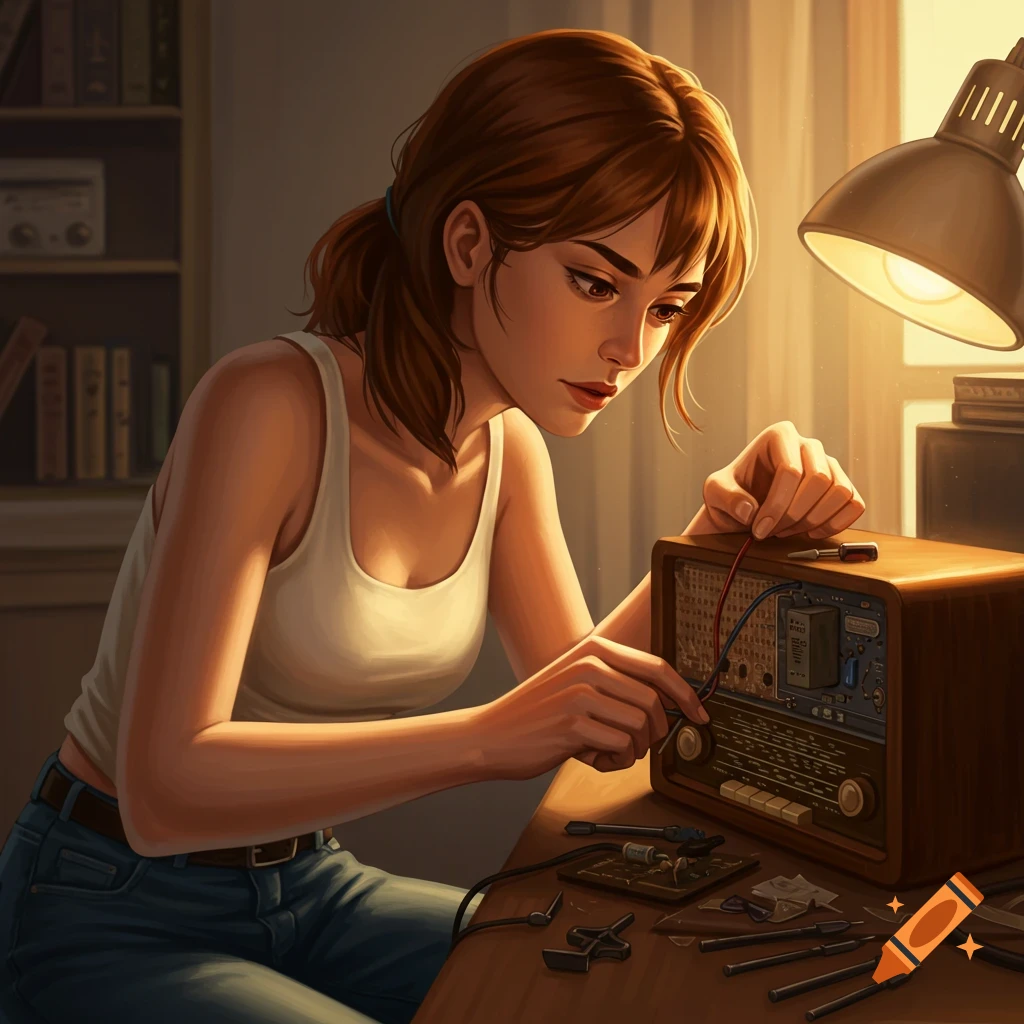 A young woman fixes a vintage radio at a desk under a lamp.