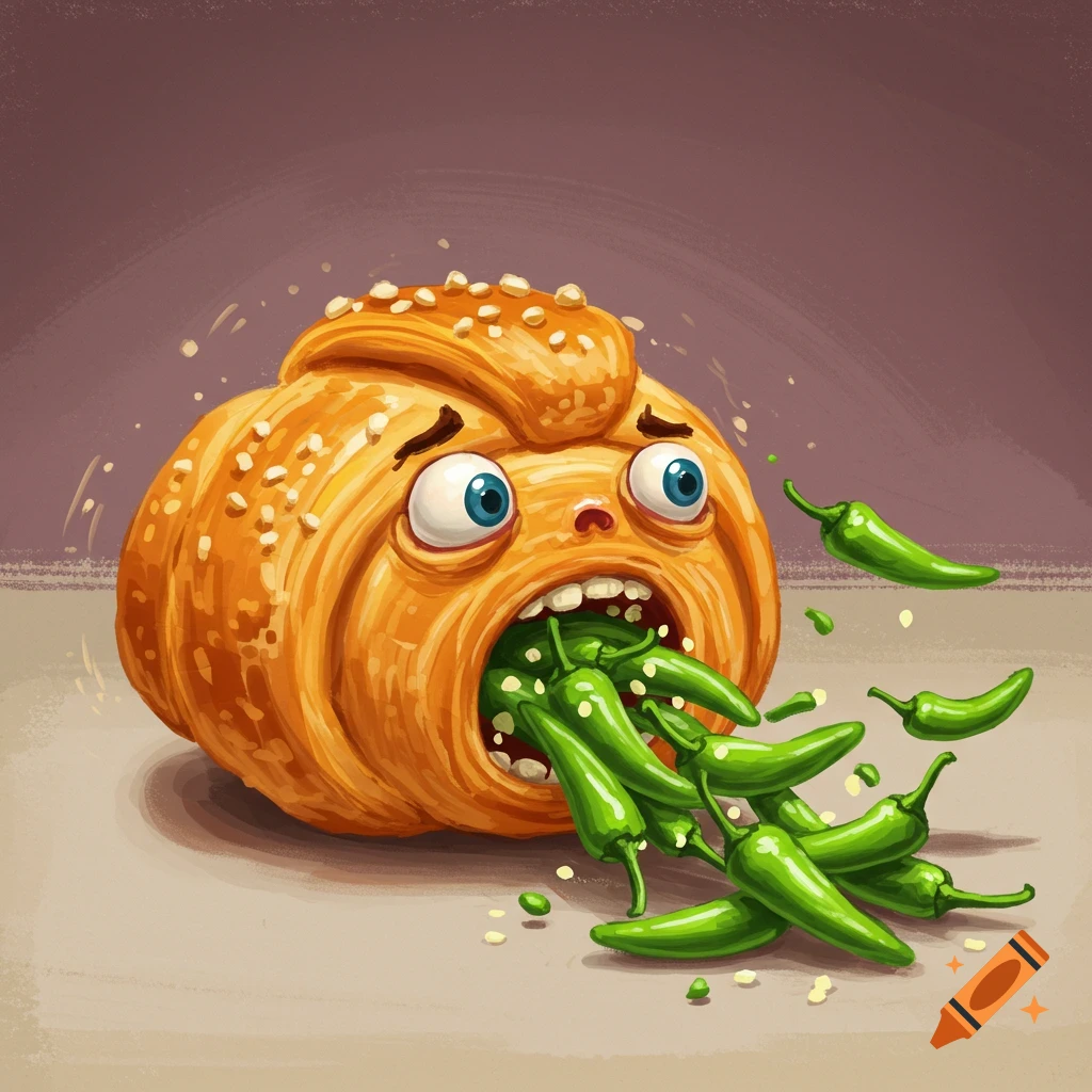 A cartoon pastry character is shown vomiting green chili peppers.