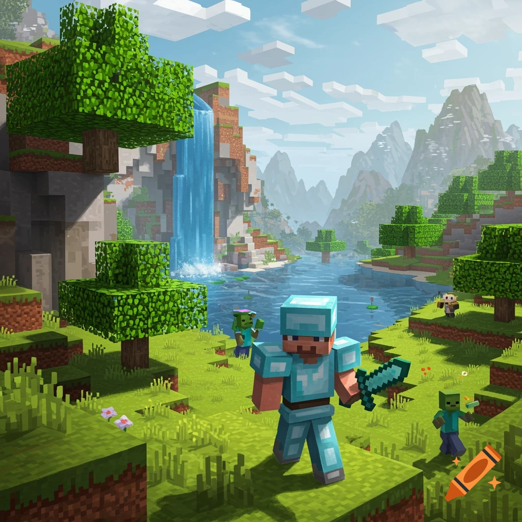 Minecraft landscape with player, zombies, waterfall, lake, and mountains.