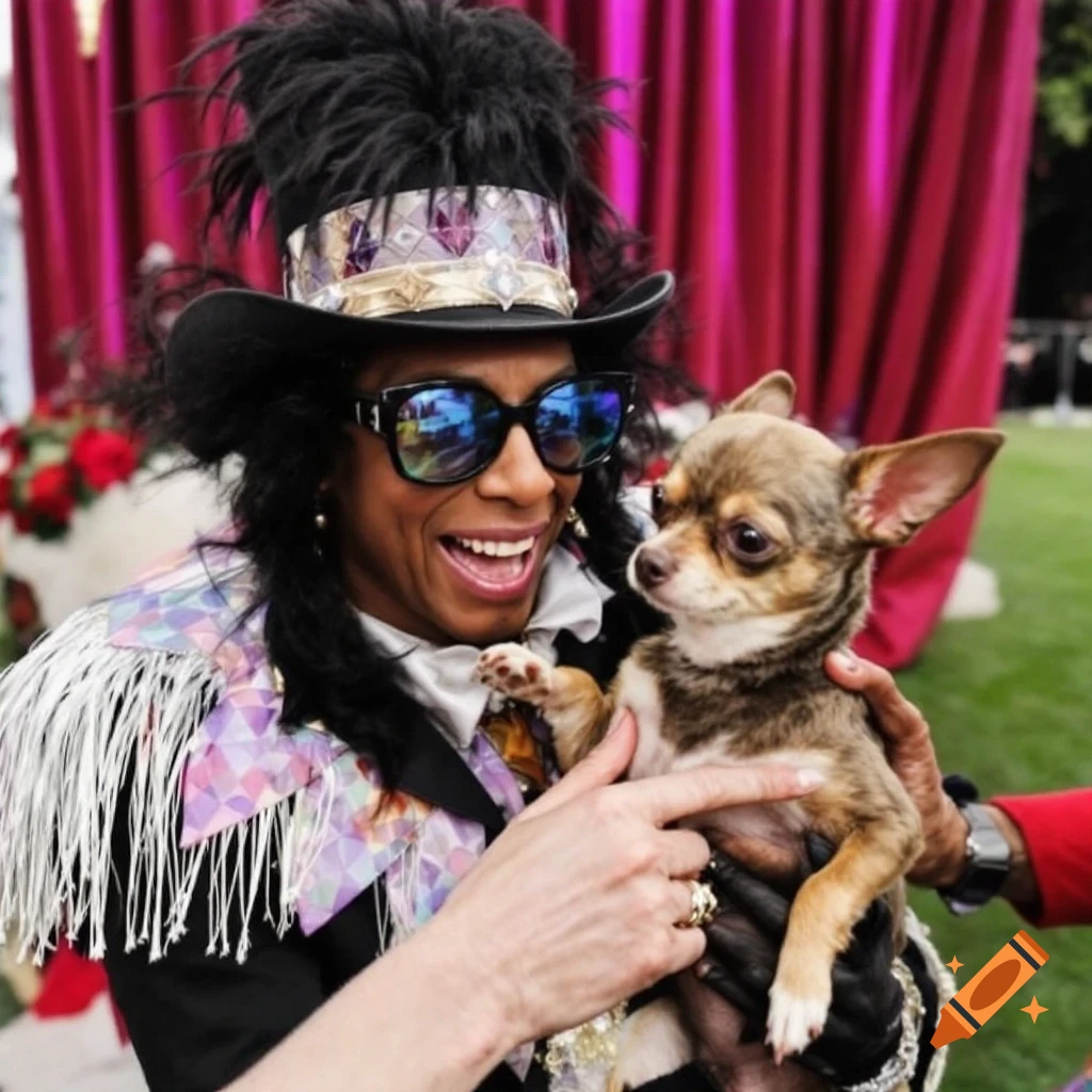Person in hat and sunglasses holding a chihuahua at an outdoor event.