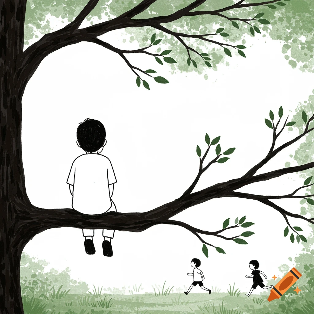 A minimalistic drawing of a child sitting on a tree branch watching two children run below.