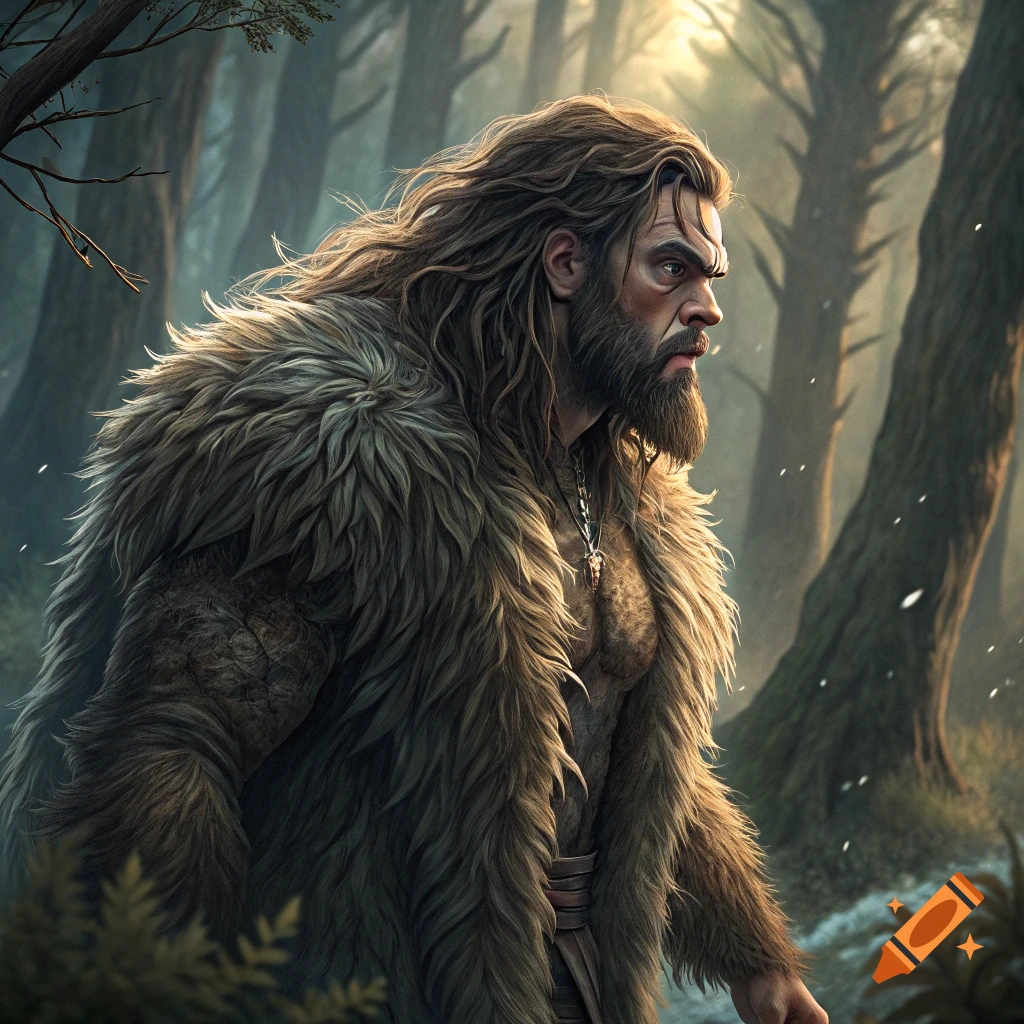 Fantasy depiction of a rugged man resembling Jason Momoa in fur in a forest.