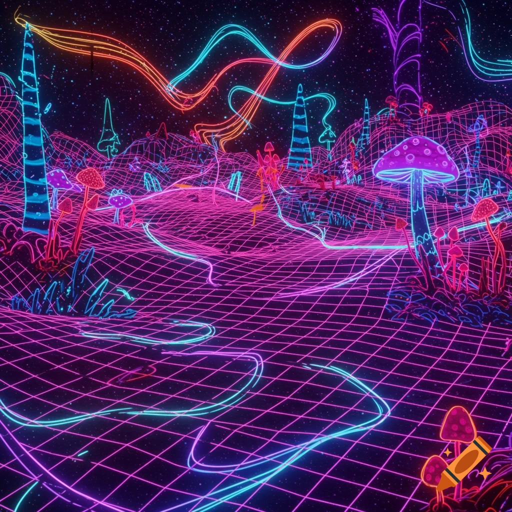 A neon grid landscape with mushrooms, trees, and swirling light trails under a starry sky.