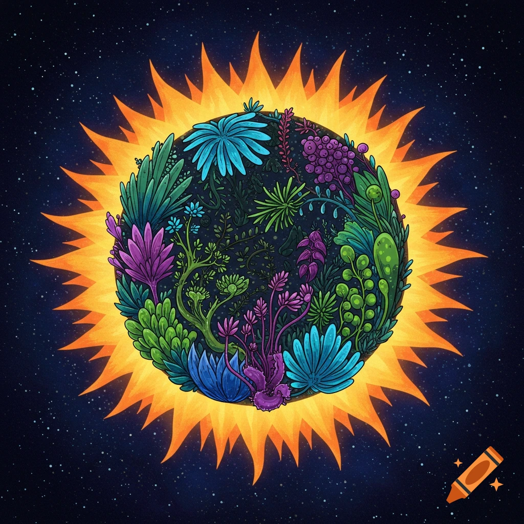 Illustration of a sun filled with colorful plants against a starry background.